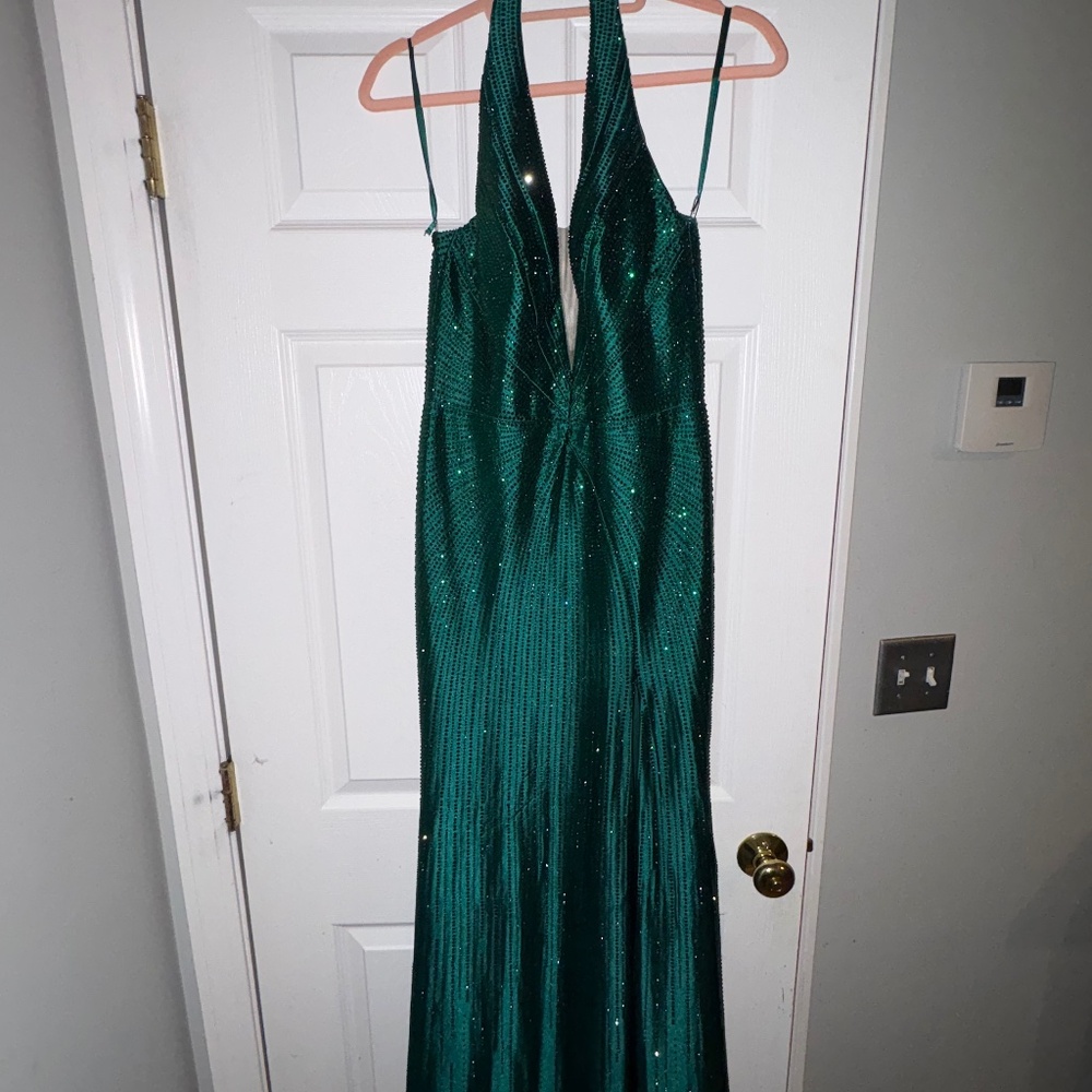 CHANELLE GOWN - EMERALD - CRYSTAL ADORNED SATIN HALTER GOWN